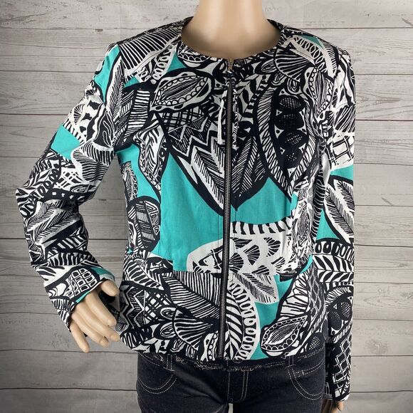 Chloe Madison Jacket Teal Black White Abstract Floral Print Full Zip - Picture 1 of 12